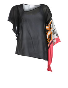 Roberto Cavalli White Asymmetric silk-blend transparent blouse Black / Coral-Orange