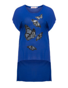 Rosebud Butterfly print dipped hem t-shirt Blue / Silver