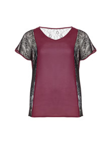 Manon Baptiste Chiffon shirt with lace Bordeaux-Red / Black