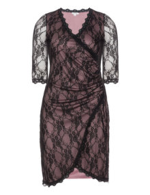 Kiyonna Wrap around style lace dress Black / Dusky-Pink