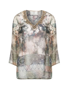 Open End Embellished floral silk tunic Green / Versicolour