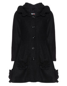 Nostalgia Wool coat with floral appliqués Black