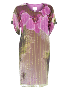 Roberto Cavalli White Layered silk tropical print dress Khaki-Green / Lilac