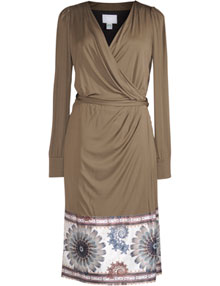 Roberto Cavalli White Wrapoptic dress with flowerhem Olive-Green / Versicolour