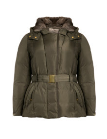 Open End Down jacket with waist belt Khaki-Green