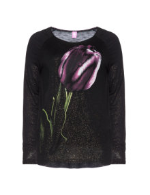 Basler Shirt with floral print Black / Berry-Purple