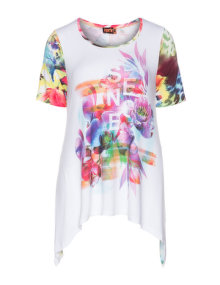 Aprico Dipped hem multi-print T-shirt White / Versicolour