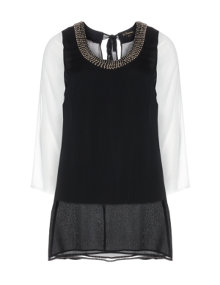 Yoek Chiffon tunic with pearl appliqués Black / Cream